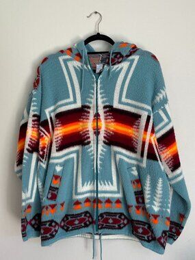 Vintage Artesanias Tuntaquimba Teal Wool Hooded Sweater, Size L
